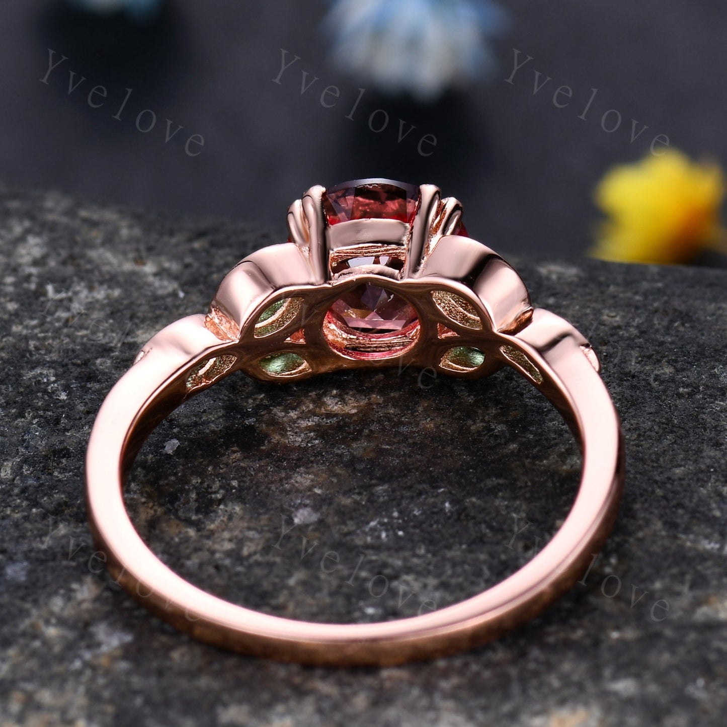 7mm round shape Papalacha sapphire engagement ring,Unique sapphire emerald ring,Marquise emerald,14K rose gold,Promise ring,Anniversary gift