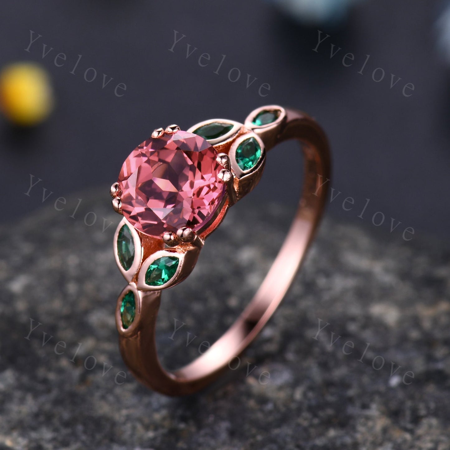 7mm round shape Papalacha sapphire engagement ring,Unique sapphire emerald ring,Marquise emerald,14K rose gold,Promise ring,Anniversary gift