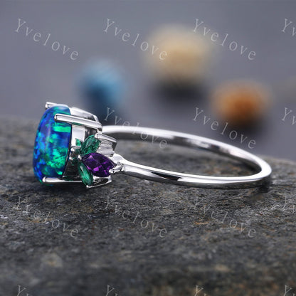 Blue Opal Engagement Ring White Gold Oval Opal Wedding Ring Opal Emerald Amethyst Floral Eternity Ring Vintage Design Valentines Gift to her