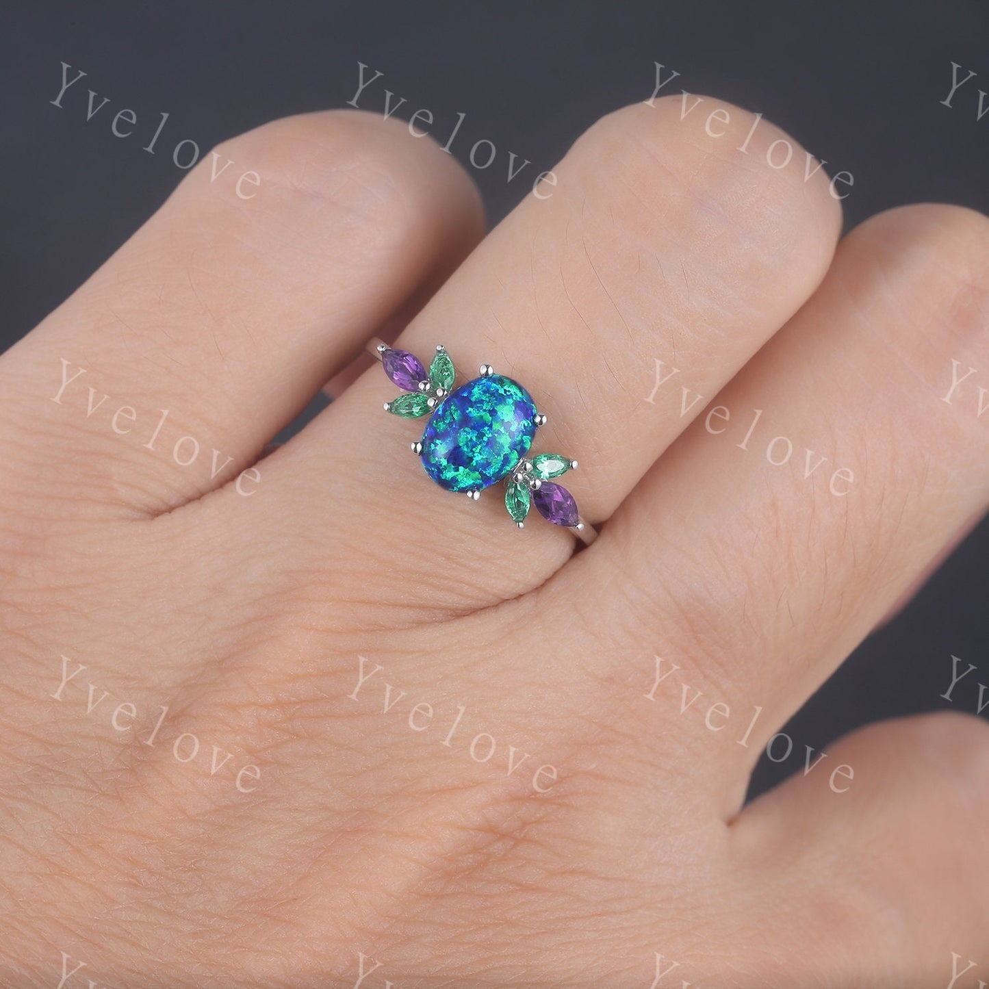 Blue Opal Engagement Ring White Gold Oval Opal Wedding Ring Opal Emerald Amethyst Floral Eternity Ring Vintage Design Valentines Gift to her