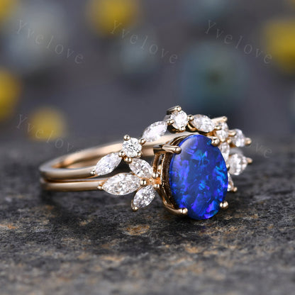 Natural Blue Opal Engagement Ring Set Women Stacking Matching Band Moissanite Eternity Ring Unique Vintage Floral Design Promise Gift to her