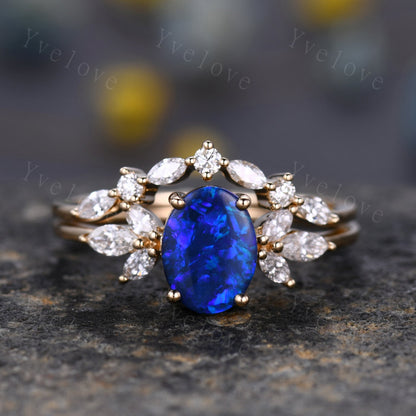 Natural Blue Opal Engagement Ring Set Women Stacking Matching Band Moissanite Eternity Ring Unique Vintage Floral Design Promise Gift to her