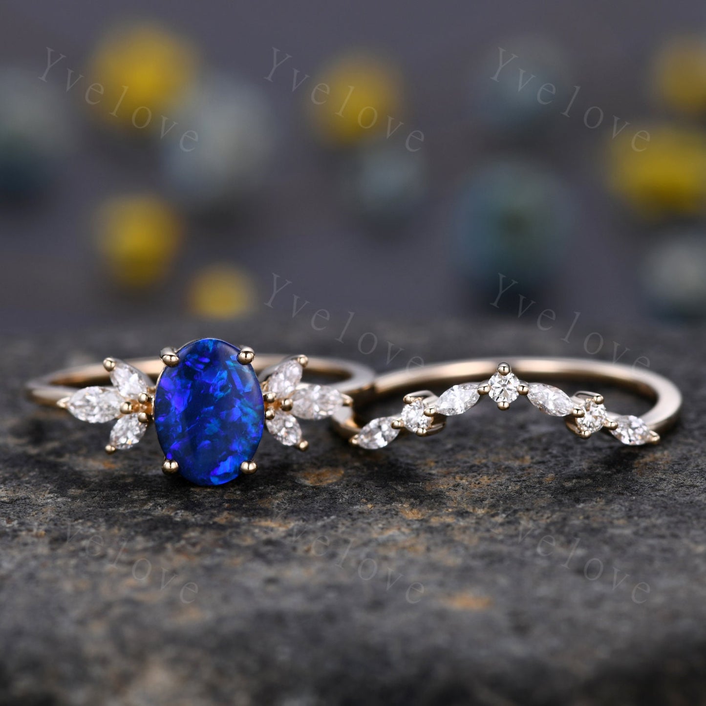 Natural Blue Opal Engagement Ring Set Women Stacking Matching Band Moissanite Eternity Ring Unique Vintage Floral Design Promise Gift to her