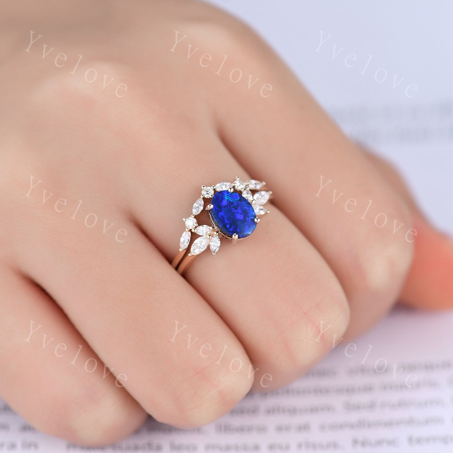 Natural Blue Opal Engagement Ring Set Women Stacking Matching Band Moissanite Eternity Ring Unique Vintage Floral Design Promise Gift to her