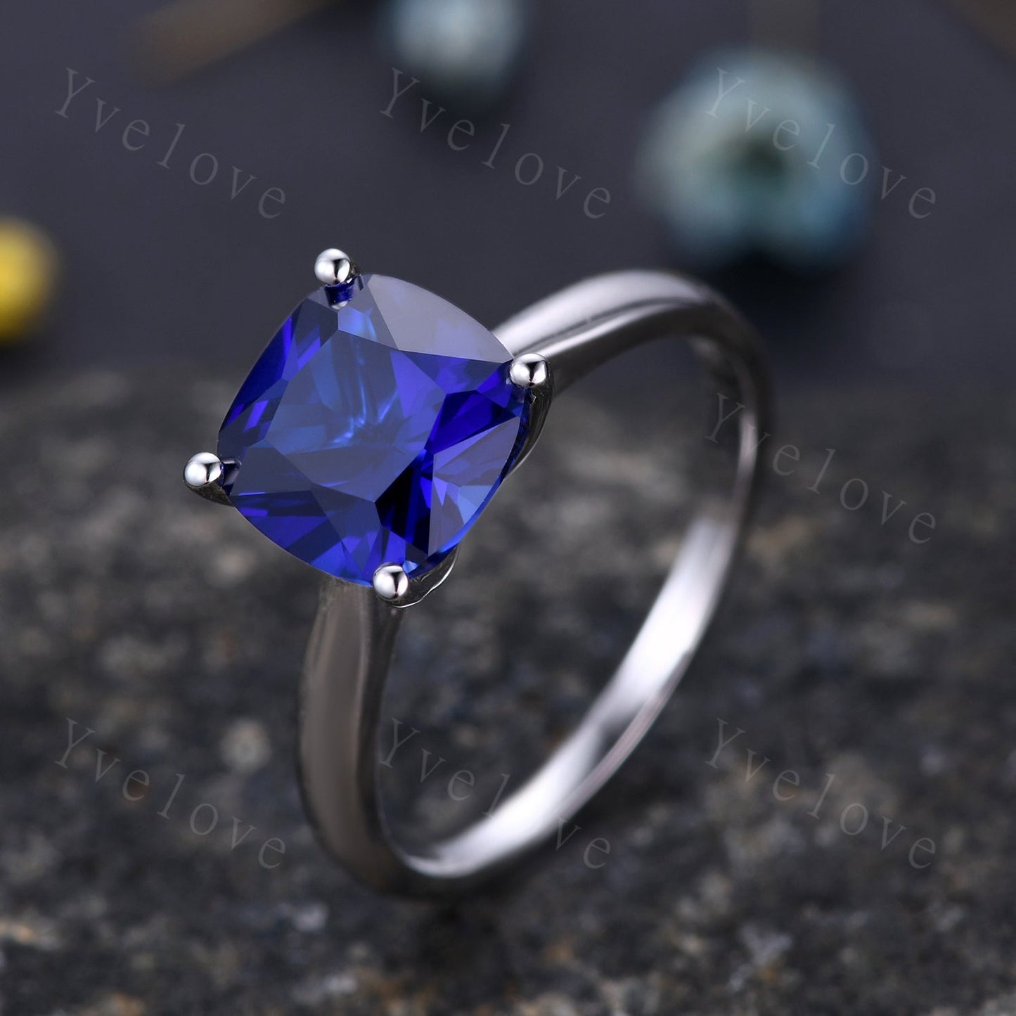 9mm cushion cut Sapphire engagement ring lab created blue sapphire plain gold band solid 14k white gold anniversary ring custom jewelry