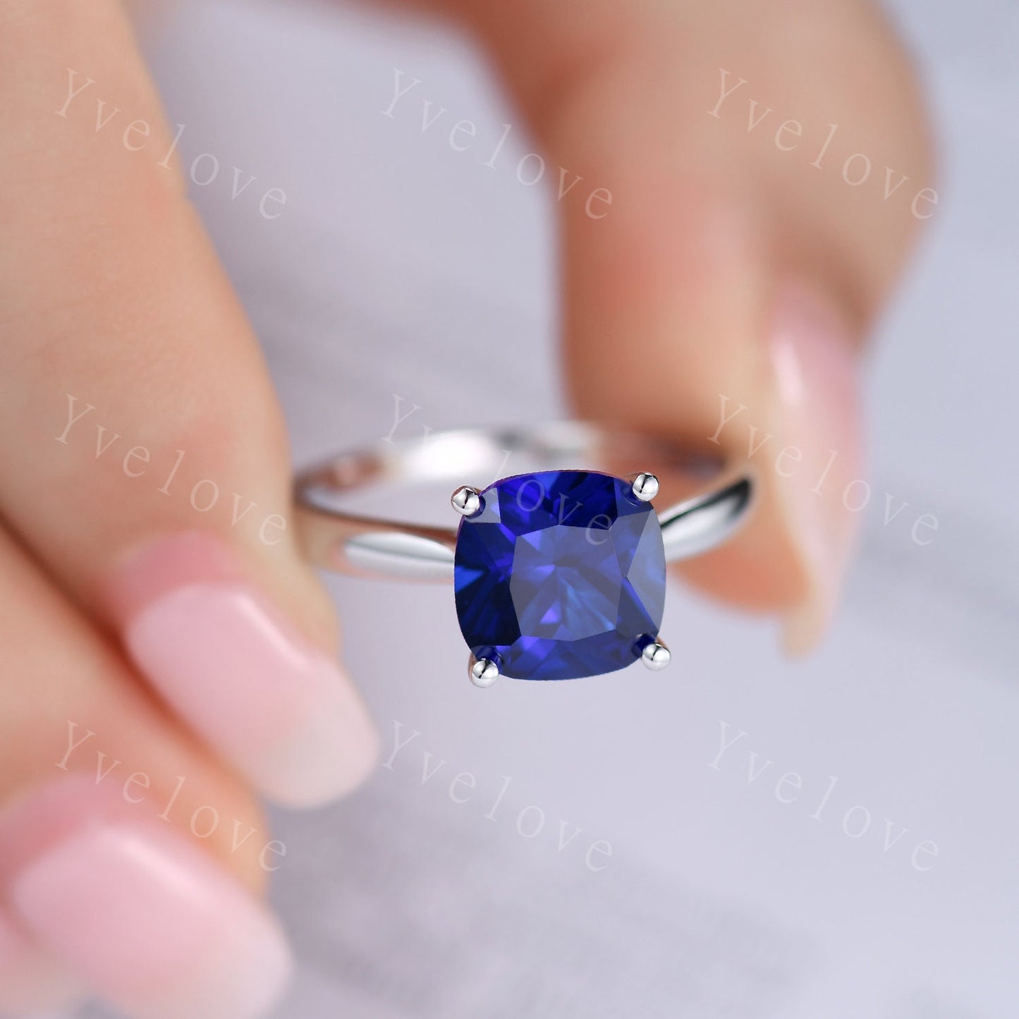 9mm cushion cut Sapphire engagement ring lab created blue sapphire plain gold band solid 14k white gold anniversary ring custom jewelry