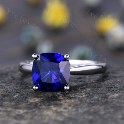 9mm cushion cut Sapphire engagement ring lab created blue sapphire plain gold band solid 14k white gold anniversary ring custom jewelry