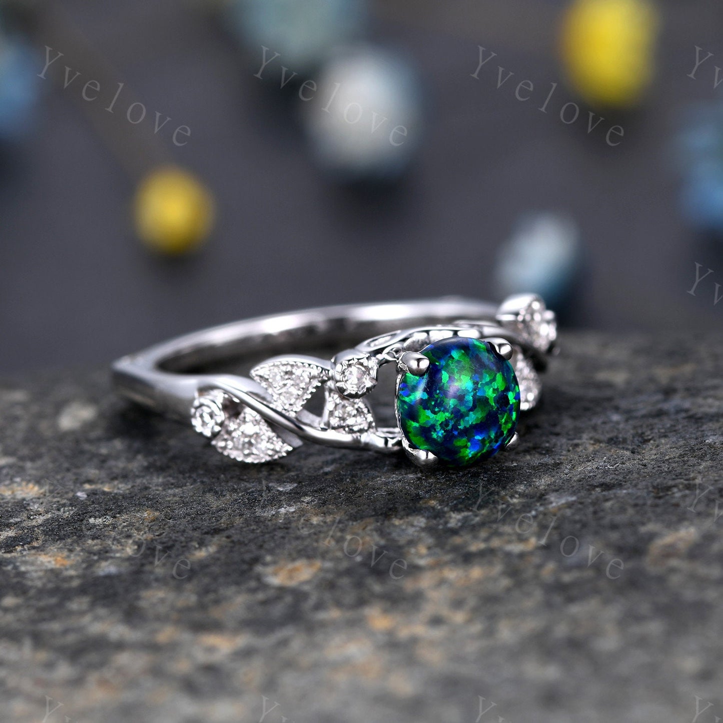 Vintage Black Opal Engagement Ring White Gold Blue Opal Diamond Wedding Ring Bridal Ring October Birthstone Promise Anniversary Gift For Her