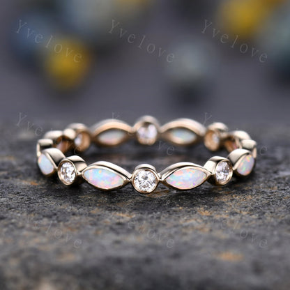 Full eternity Opal diamond wedding ring set 14k rose gold half eternity diamond wedding band  October Birthstone stacking matching band