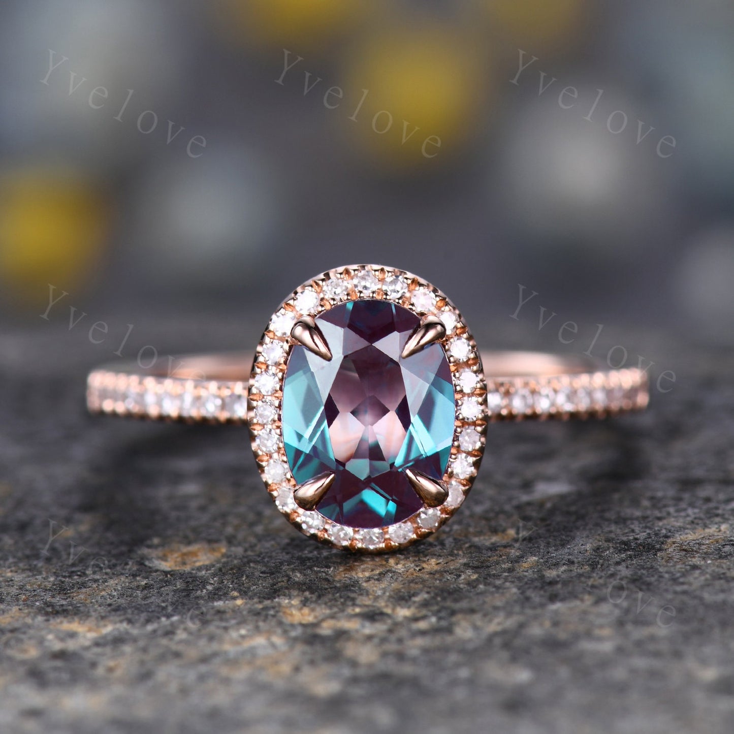 2PC Vintage Oval Cut Alexandrite Engagement Ring Set Halo Moissanite Ring Set Art Deco Bridal Wedding Ring Set Rose Gold Ring Set For Women