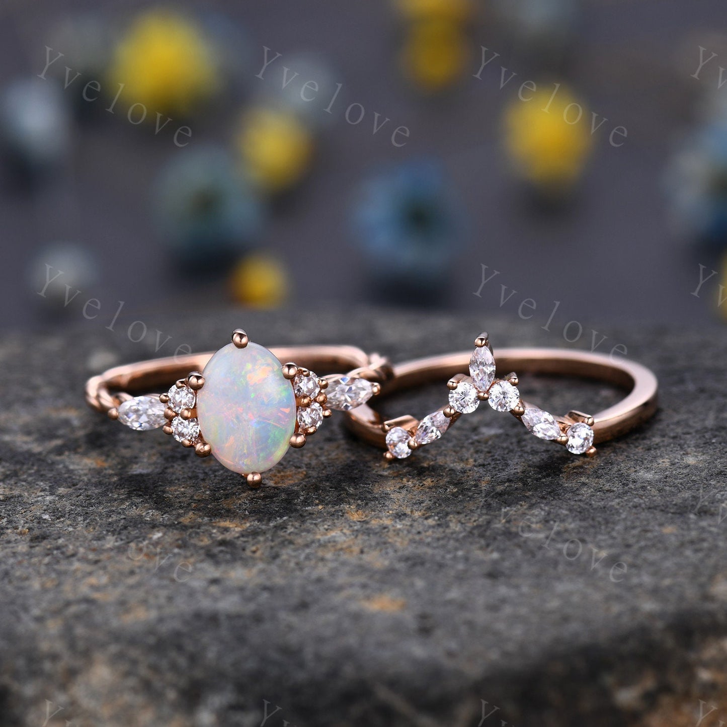 Vintage white opal Engagement Ring set,oval cut natural opal ring,twisted band,bridal ring set,V shaped curved band,moissanite ring wedding