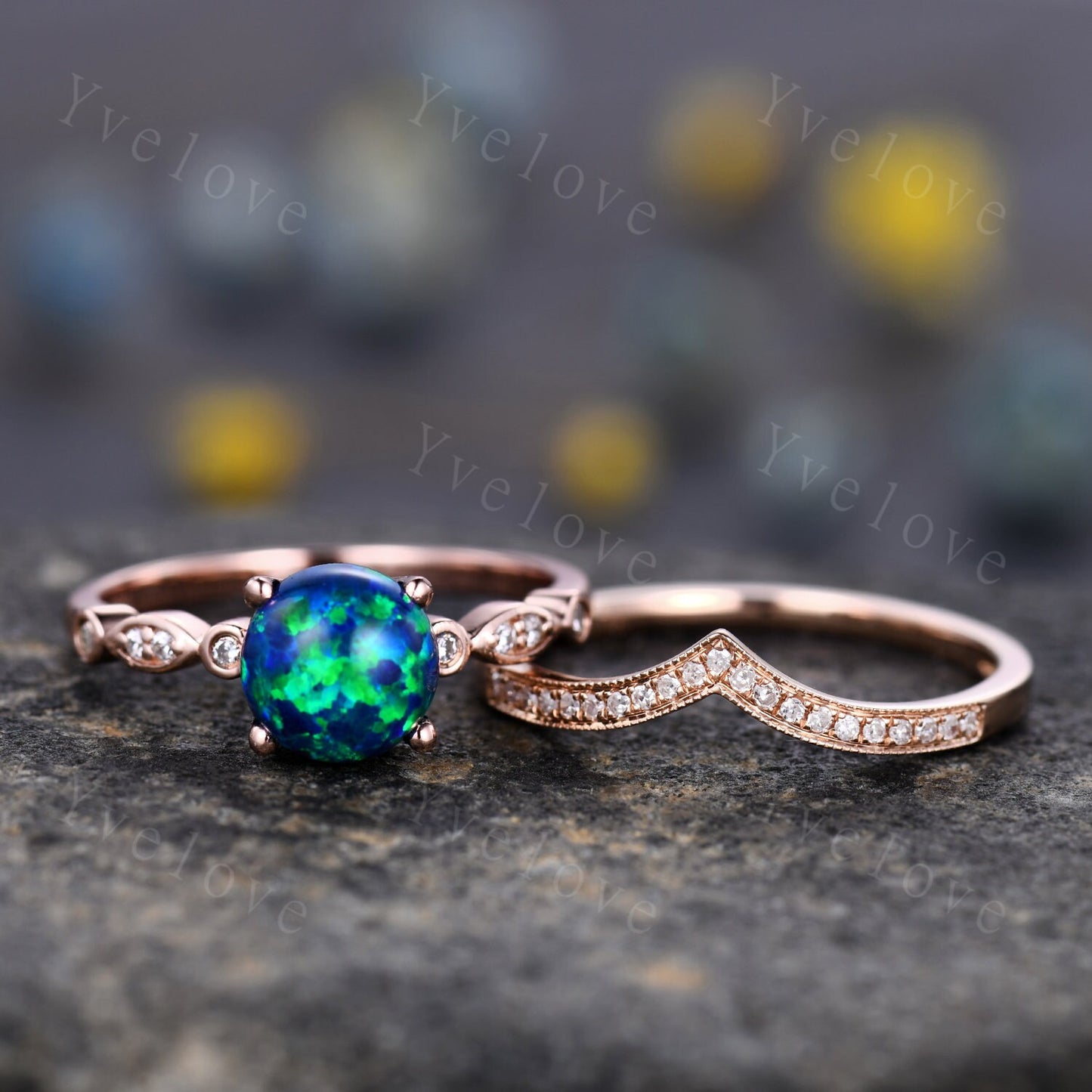 Vintage Black Opal Engagement Ring Set,Art Deco Opal Ring Set, Opal Bridal Set, V Curved Diamond Wedding Band, Round Opal Ring,Promise Ring