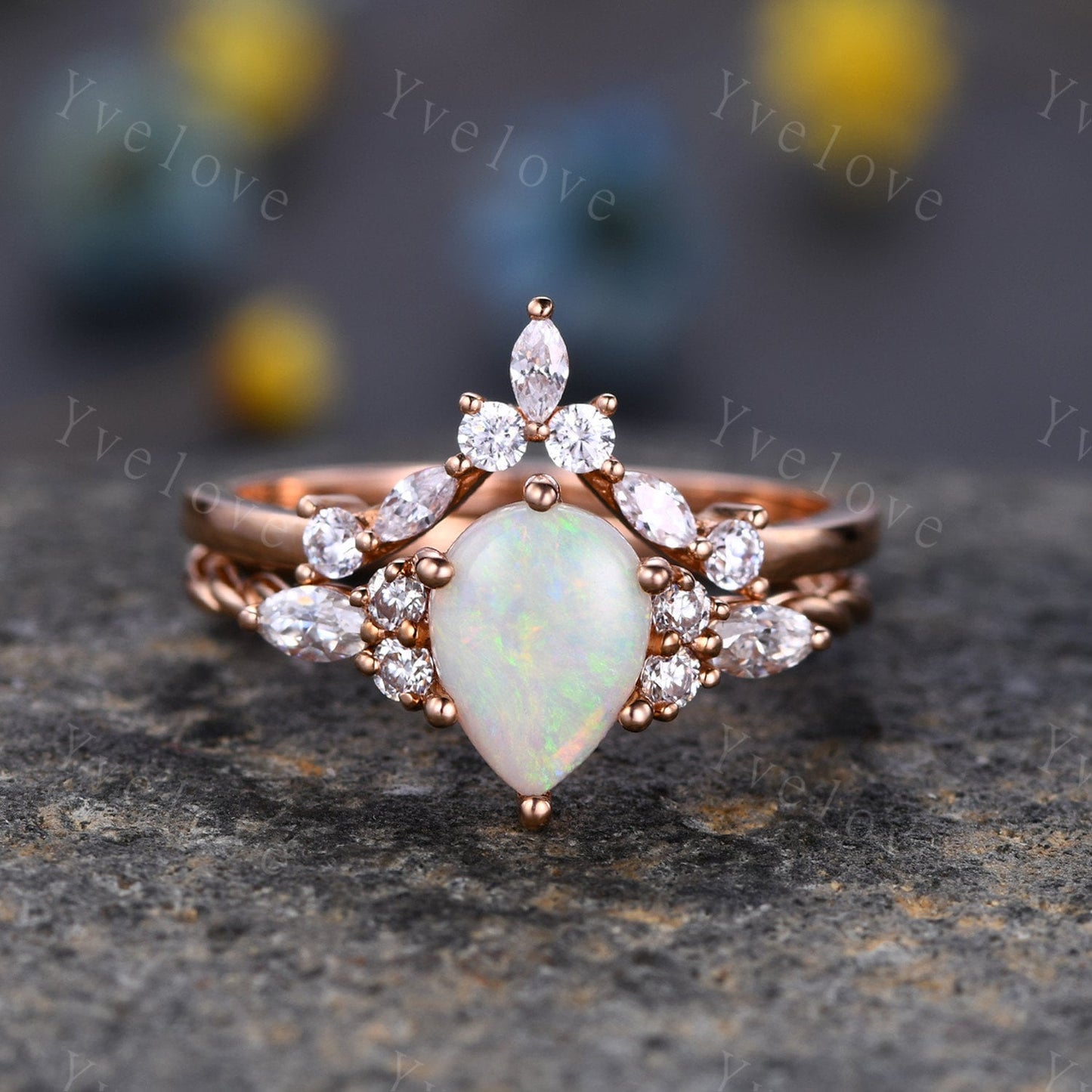 Natural pear opal ring,Vintage white fire opal Engagement Ring set,Twisted ring,Bridal ring set,V shaped curved band,Moissanite ring,Custom