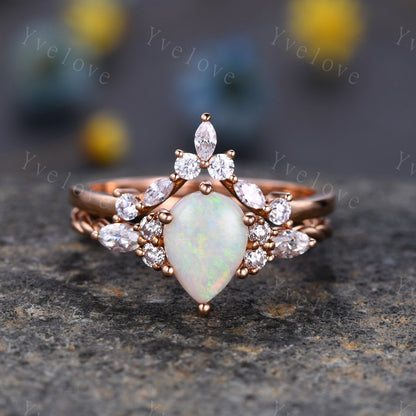 Natural pear opal ring,Vintage white fire opal Engagement Ring set,Twisted ring,Bridal ring set,V shaped curved band,Moissanite ring,Custom