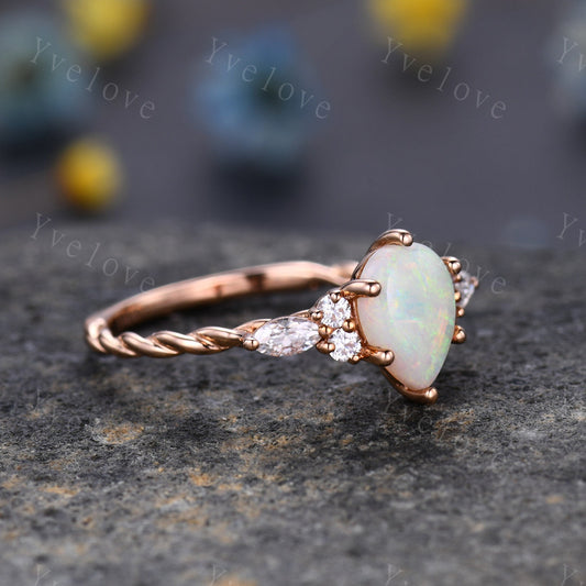 Natural Opal Engagement Ring rose gold,Pear shaped ring,Prong set Moissanite Diamond ring,Twisted Ring women,Anniversary promise ring