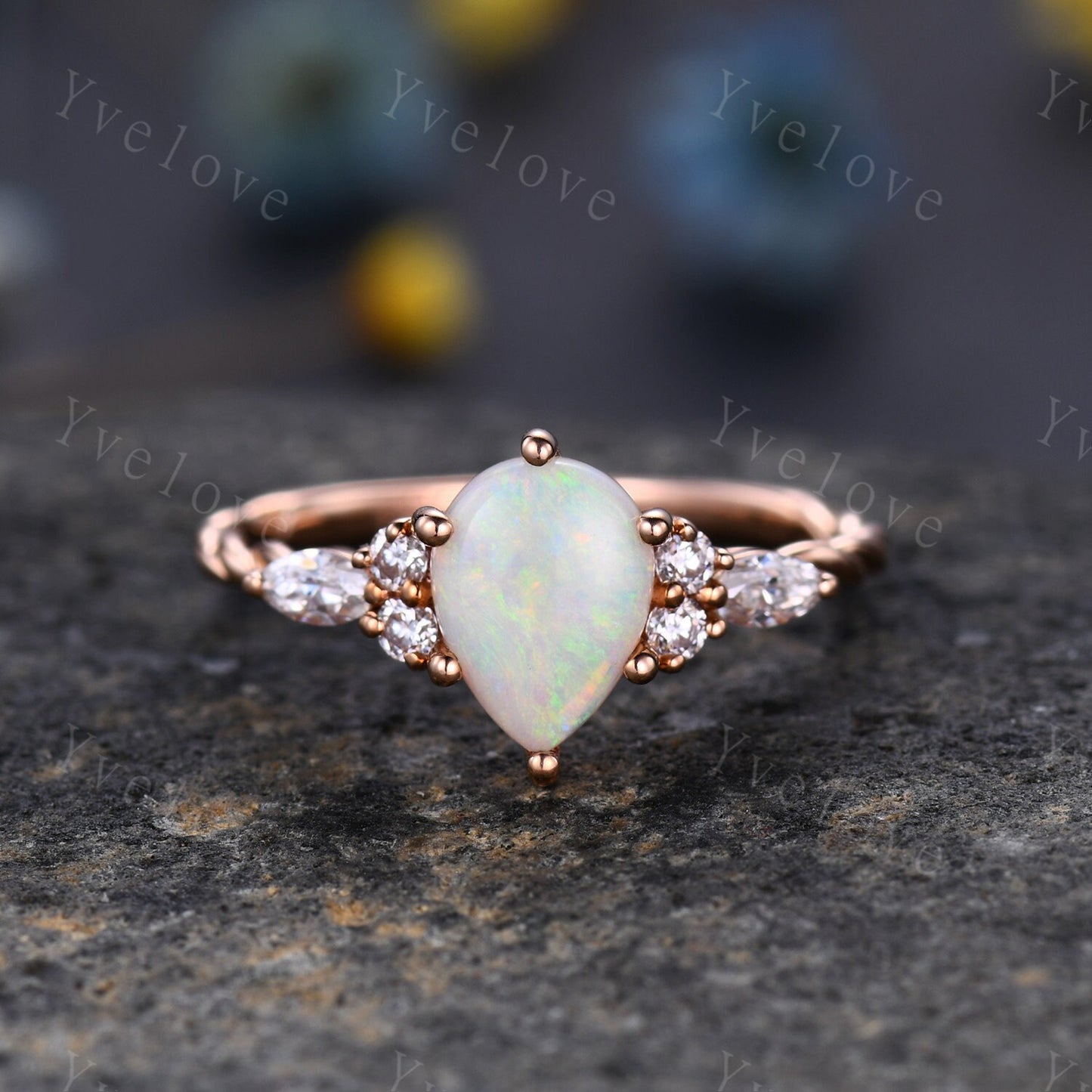 Natural pear opal ring,Vintage white fire opal Engagement Ring set,Twisted ring,Bridal ring set,V shaped curved band,Moissanite ring,Custom