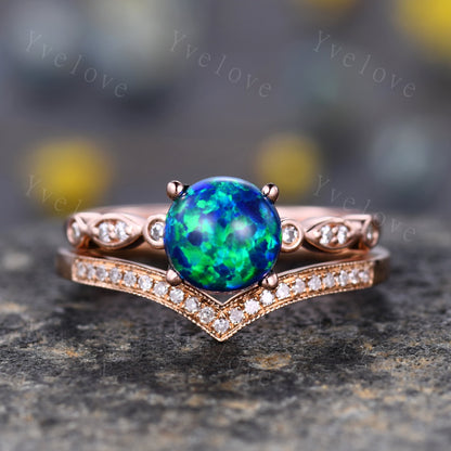 Vintage Black Opal Engagement Ring Set,Art Deco Opal Ring Set, Opal Bridal Set, V Curved Diamond Wedding Band, Round Opal Ring,Promise Ring