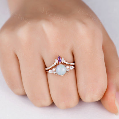 Natural opal ring,Retro white opal Engagement Ring set,Round Opal,Bridal ring set,Marquise Amethyst Moissanite Band,Art Deco Ring,Customized