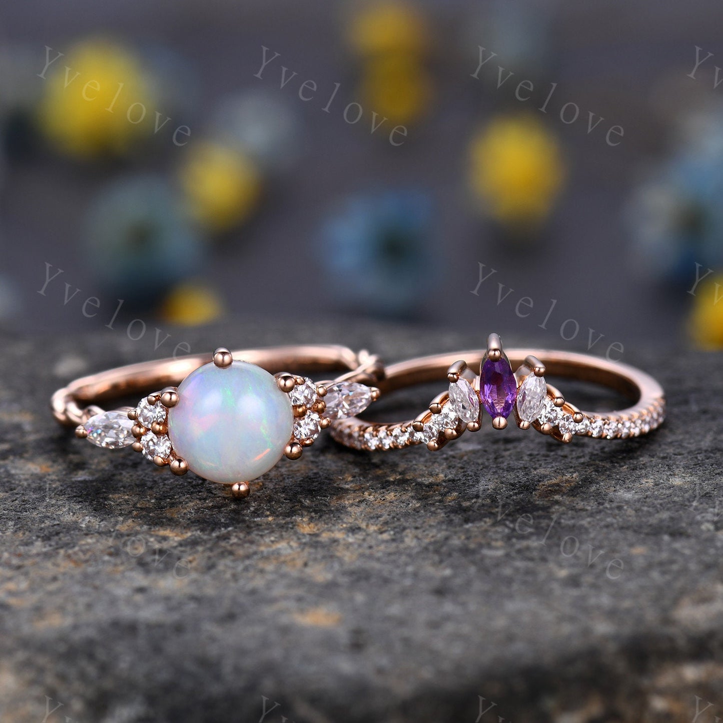 Natural opal ring,Retro white opal Engagement Ring set,Round Opal,Bridal ring set,Marquise Amethyst Moissanite Band,Art Deco Ring,Customized