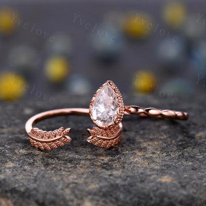 Vintage Oval Cut Moissanite Engagement Ring Set Unique Leaf Twisted Design Ring Art Deco 14K Rose Gold Oval Moissanite Bridal Set Customized