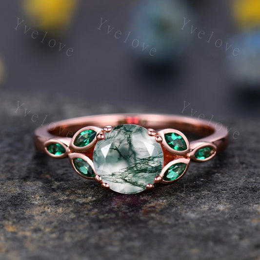 7mm round moss agate engagement ring leaf marquise emerald stones vintage moss agate wedding ring  floral ring promise  anniversary gift