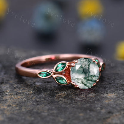 7mm round moss agate engagement ring leaf marquise emerald stones vintage moss agate wedding ring  floral ring promise  anniversary gift