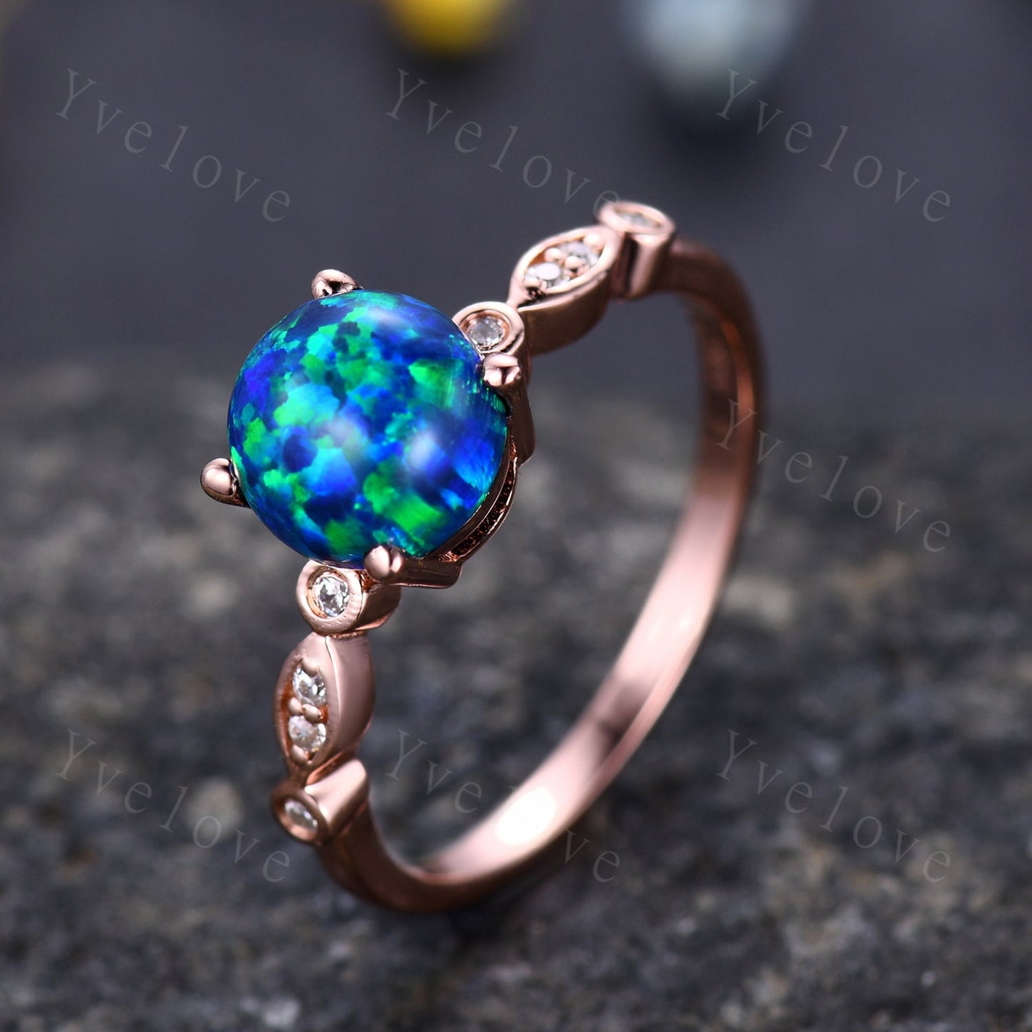7mm Vintage Black Opal Engagement Ring,Art Deco Ring,Diamond Milgrain Band,Women Bridal Ring Set,Anniversary Jewelry October Birthstone Gift