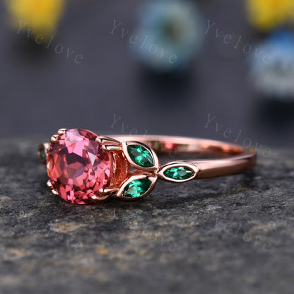 7mm round shape Papalacha sapphire engagement ring,Unique sapphire emerald ring,Marquise emerald,14K rose gold,Promise ring,Anniversary gift