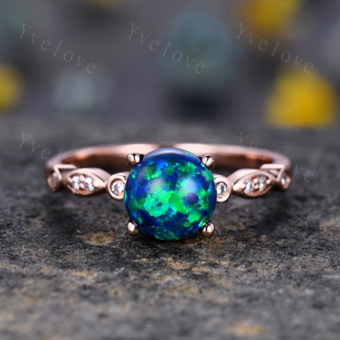 Vintage Black Opal Engagement Ring Set,Art Deco Opal Ring Set, Opal Bridal Set, V Curved Diamond Wedding Band, Round Opal Ring,Promise Ring