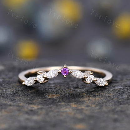 Natural Amethyst Matching Band Curved shape stacking band diamond wedding ring 14k rose gold art deco marquise matching band customized gift