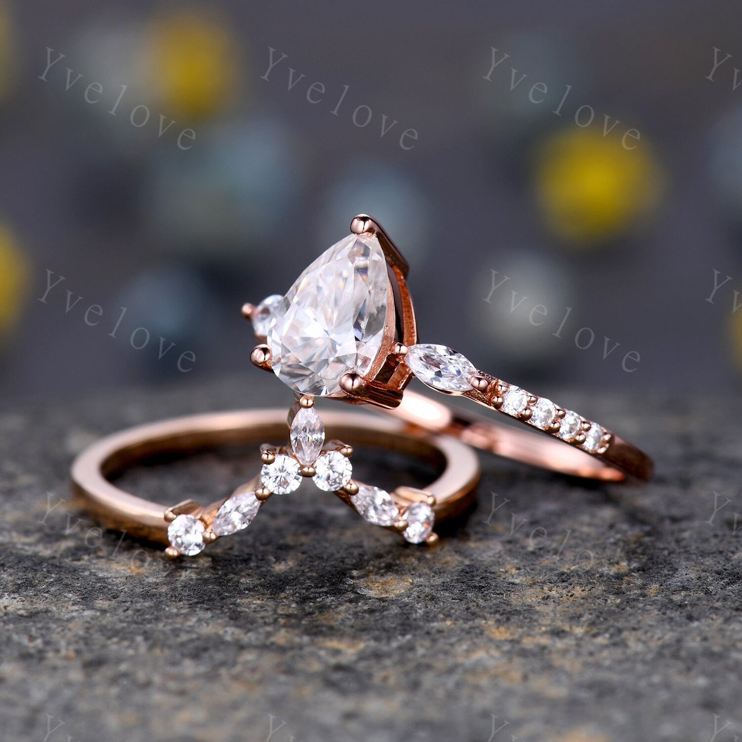 1.5ct Tear Drop Wedding Ring Set,8x6mm Pear Engagement Moissanite Ring,Marquise Moissanite Chevron Band,Rose gold Art Deco Bridal Ring Set