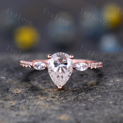 1.5ct Tear Drop Wedding Ring Set,8x6mm Pear Engagement Moissanite Ring,Marquise Moissanite Chevron Band,Rose gold Art Deco Bridal Ring Set