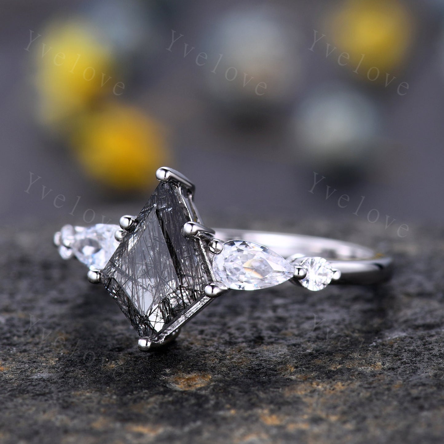 Vintage black rutilated quartz engagement ring kite cut ring set art deco moissanite ring for women white gold unique bridal wedding ring