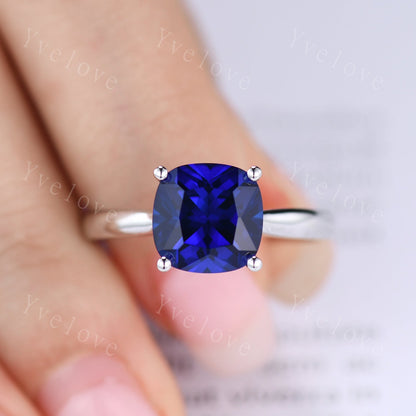 9mm cushion cut Sapphire engagement ring lab created blue sapphire plain gold band solid 14k white gold anniversary ring custom jewelry