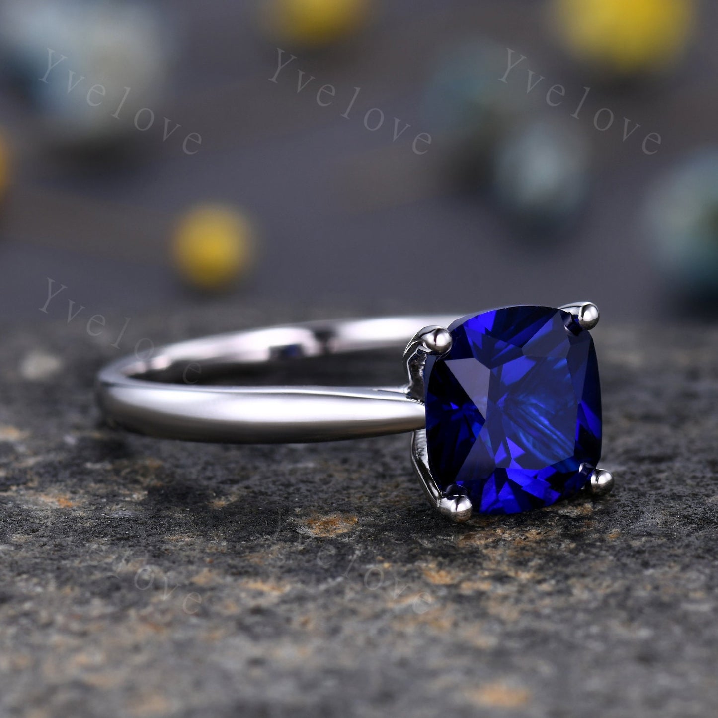 9mm cushion cut Sapphire engagement ring lab created blue sapphire plain gold band solid 14k white gold anniversary ring custom jewelry