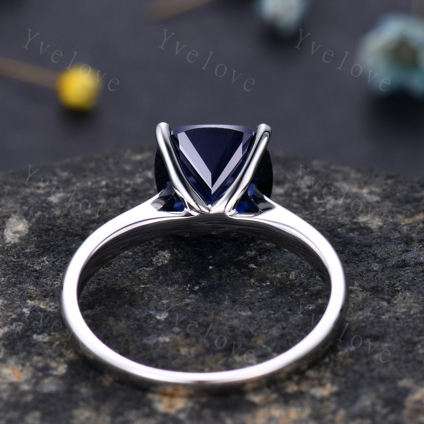 9mm cushion cut Sapphire engagement ring lab created blue sapphire plain gold band solid 14k white gold anniversary ring custom jewelry