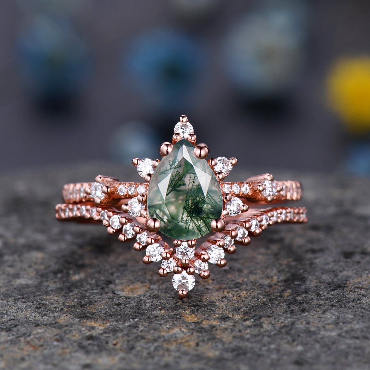Art Deco Pear Moss Agate Ring,Green Agate Ring Set,Women  Bridal Set ,V Curved Moissanite Stacking Band,14K Rose Gold,Women Anniversary Gift
