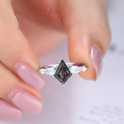 Unique black rutilated quartz ring kite cut engagement ring pear moissanite ring three stones ring rose gold women bridal wedding ring gift