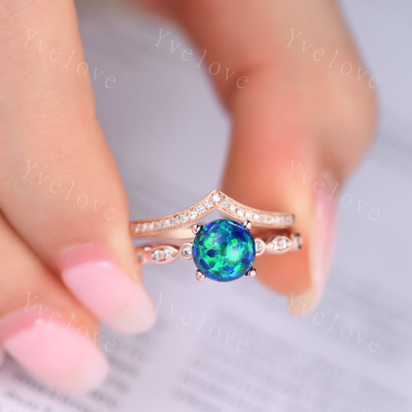 Vintage Black Opal Engagement Ring Set,Art Deco Opal Ring Set, Opal Bridal Set, V Curved Diamond Wedding Band, Round Opal Ring,Promise Ring
