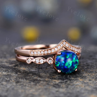 Vintage Black Opal Engagement Ring Set,Art Deco Opal Ring Set, Opal Bridal Set, V Curved Diamond Wedding Band, Round Opal Ring,Promise Ring