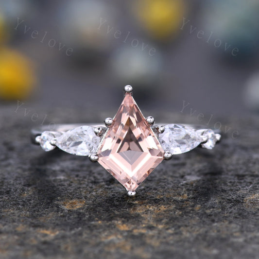 Unique Kite Cut Morganite Engagement Ring,Morganite Bridal Ring,Pear Moissanite,Twisted Wedding Band,18K White Gold,Birthday Gift For Her