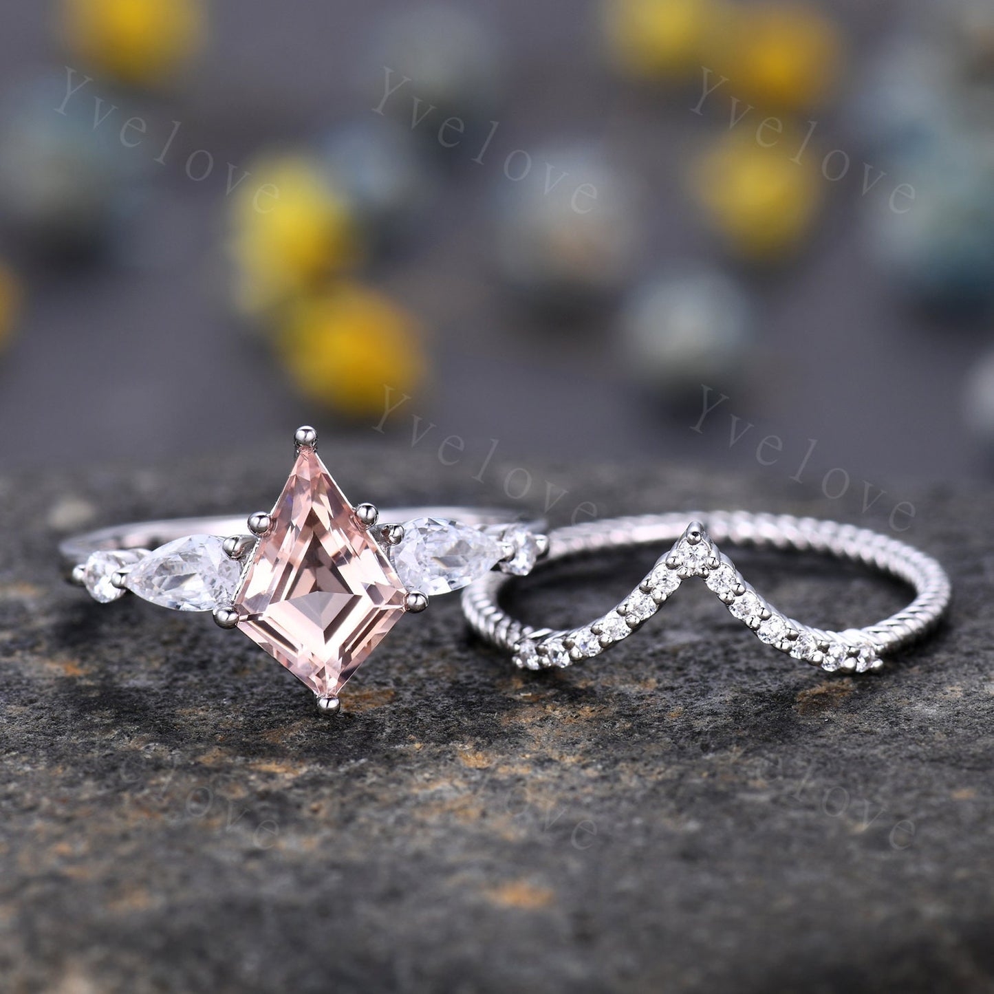 Unique Kite Cut Morganite Engagement Ring Set,Morganite Bridal Ring Set,Pear Moissanite,Twist Wedding Band,White Gold,Birthday Gift For Her