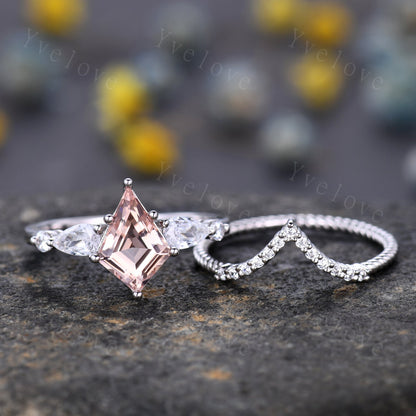 Unique Kite Cut Morganite Engagement Ring Set,Morganite Bridal Ring Set,Pear Moissanite,Twist Wedding Band,White Gold,Birthday Gift For Her