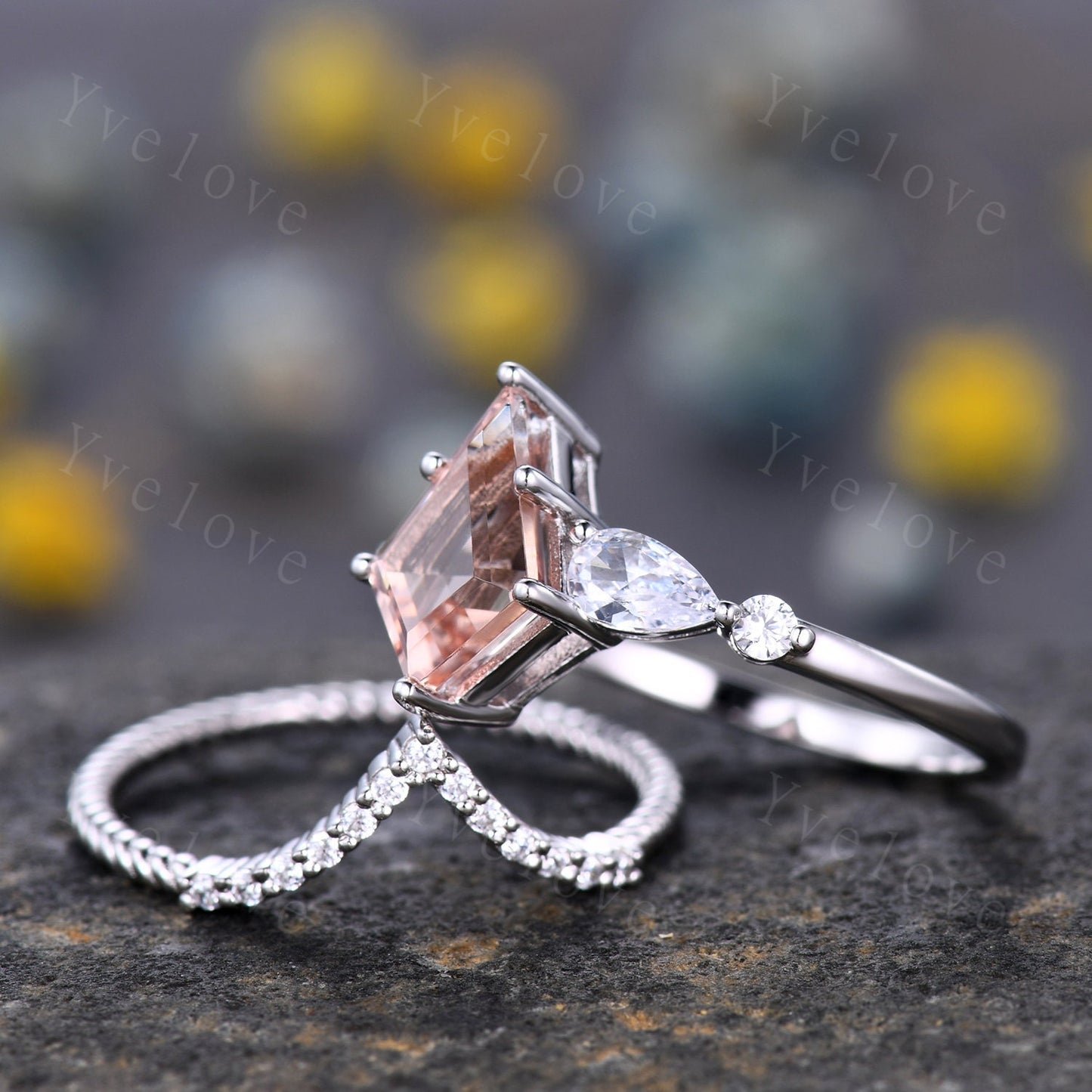 Unique Kite Cut Morganite Engagement Ring Set,Morganite Bridal Ring Set,Pear Moissanite,Twist Wedding Band,White Gold,Birthday Gift For Her