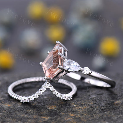 Unique Kite Cut Morganite Engagement Ring Set,Morganite Bridal Ring Set,Pear Moissanite,Twist Wedding Band,White Gold,Birthday Gift For Her