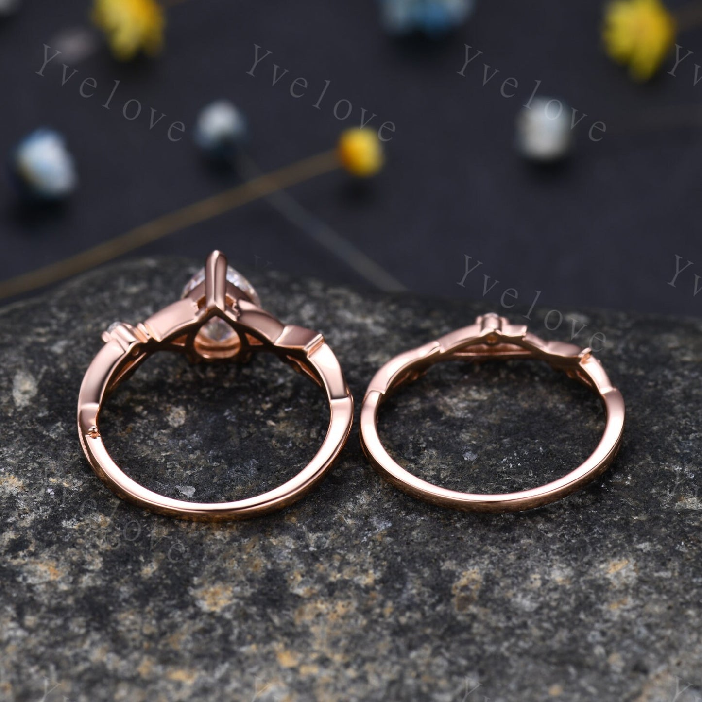 Unique Teardrop Moissanite Ring Set,Vintage Twig Diamond Engagement Ring Set,Branch Ring Set Gold,Twisted Ring Bridal Set,Dainty Ring Set