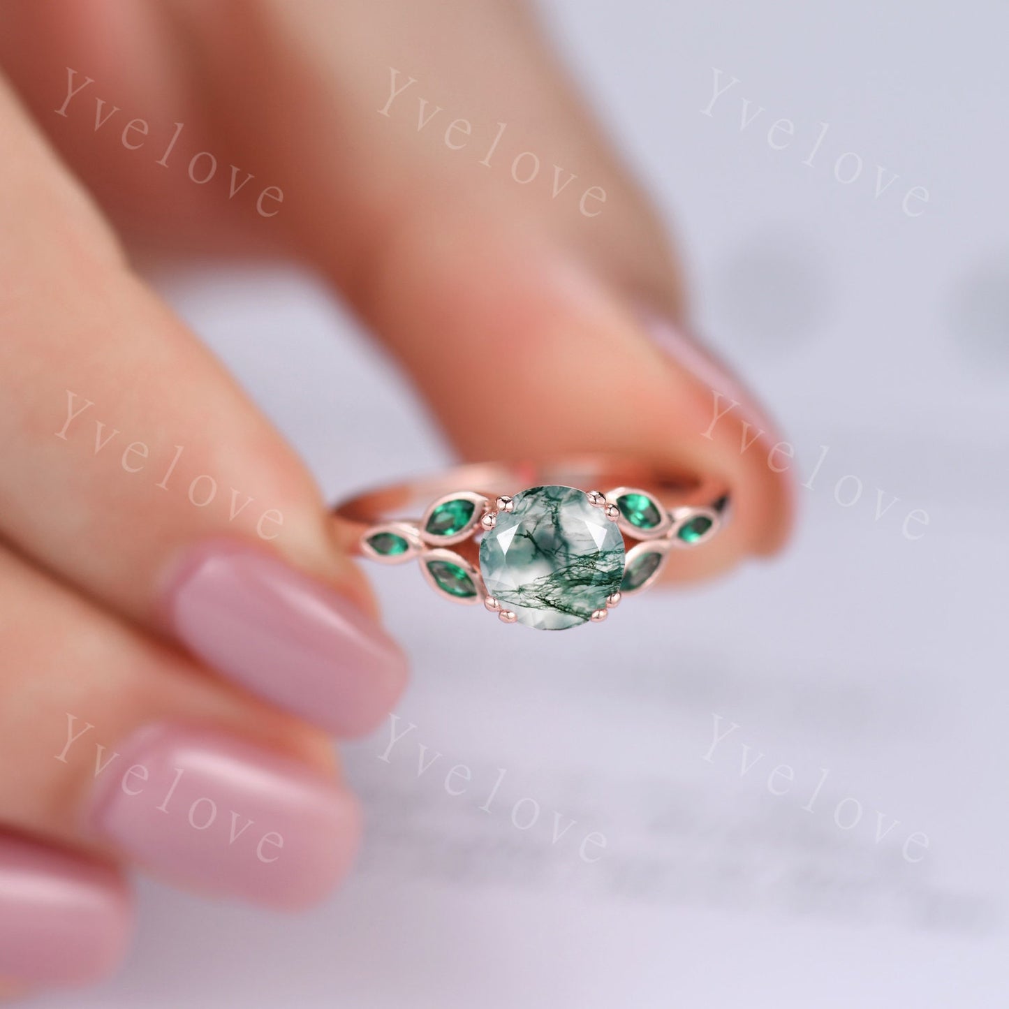 7mm round moss agate engagement ring leaf marquise emerald stones vintage moss agate wedding ring  floral ring promise  anniversary gift