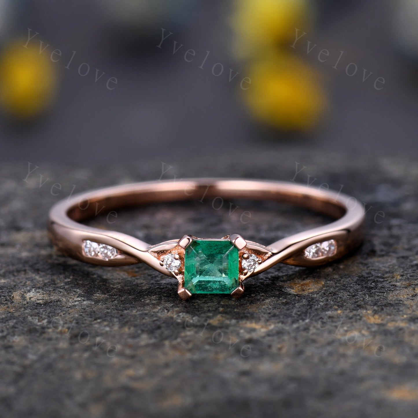 3.5mm emerald cut natural gemstone ring 0.27ct emerald ring raw emerald engagement ring twisted daimond band petit ring solid 14k rose gold