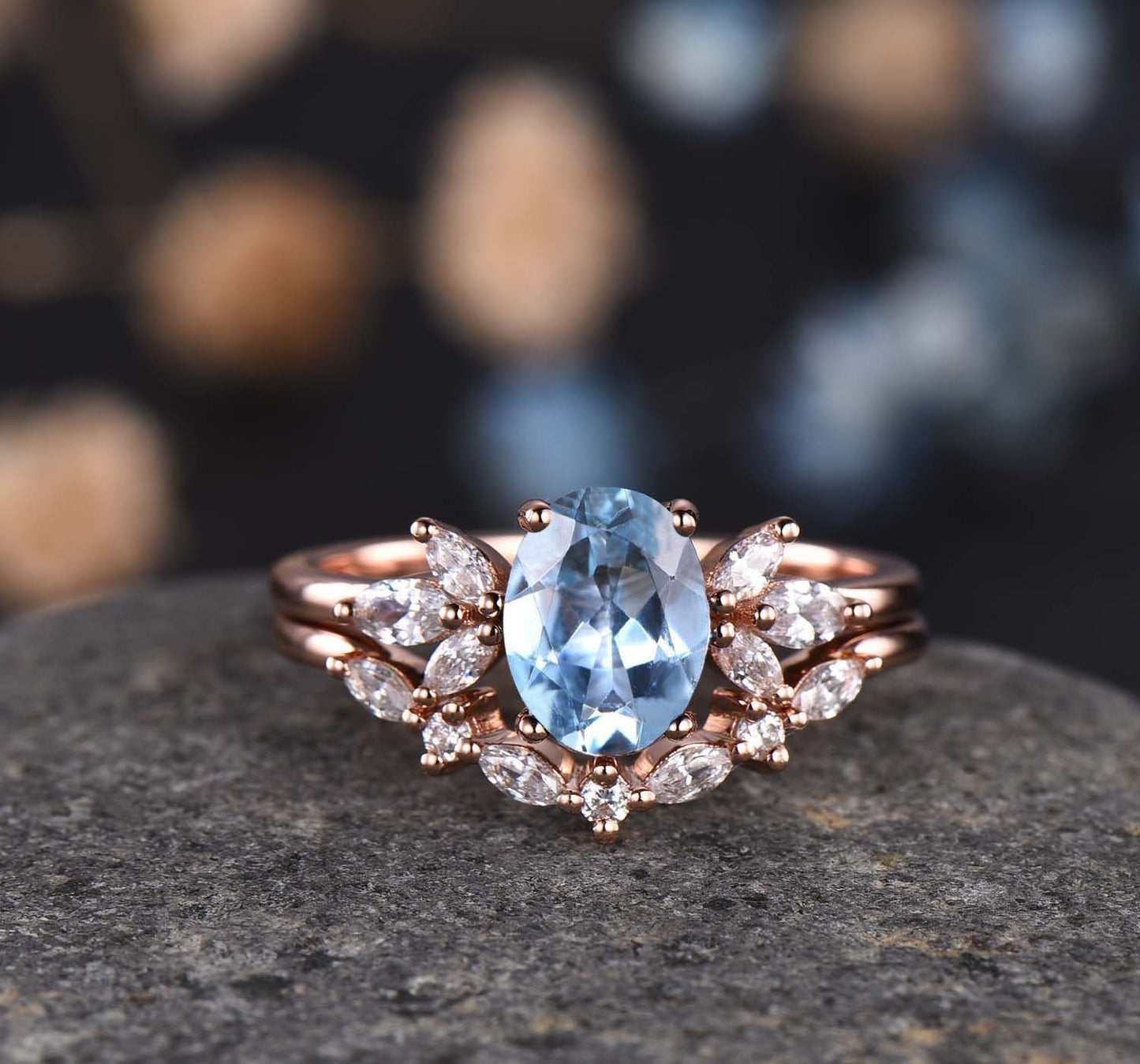 London Blue Topaz Engagement Ring Set Art Deco Ring Women Stacking Diamond/Moissanite Matching Band Unique Vintage Floral Jewelry 14K Gold
