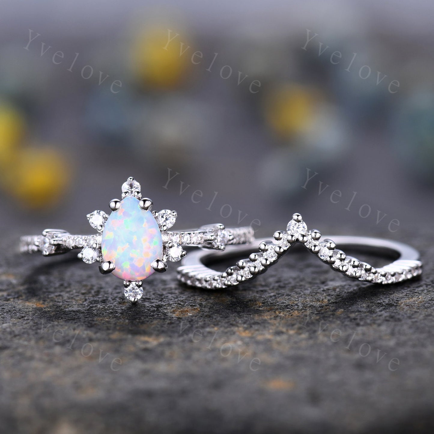 Pear Opal Ring White Fire Opal,Engagement Ring Set,Pear Opal Bridal Set ,Moissanite Half Eternity Band,White Gold,Opal October Birthstone